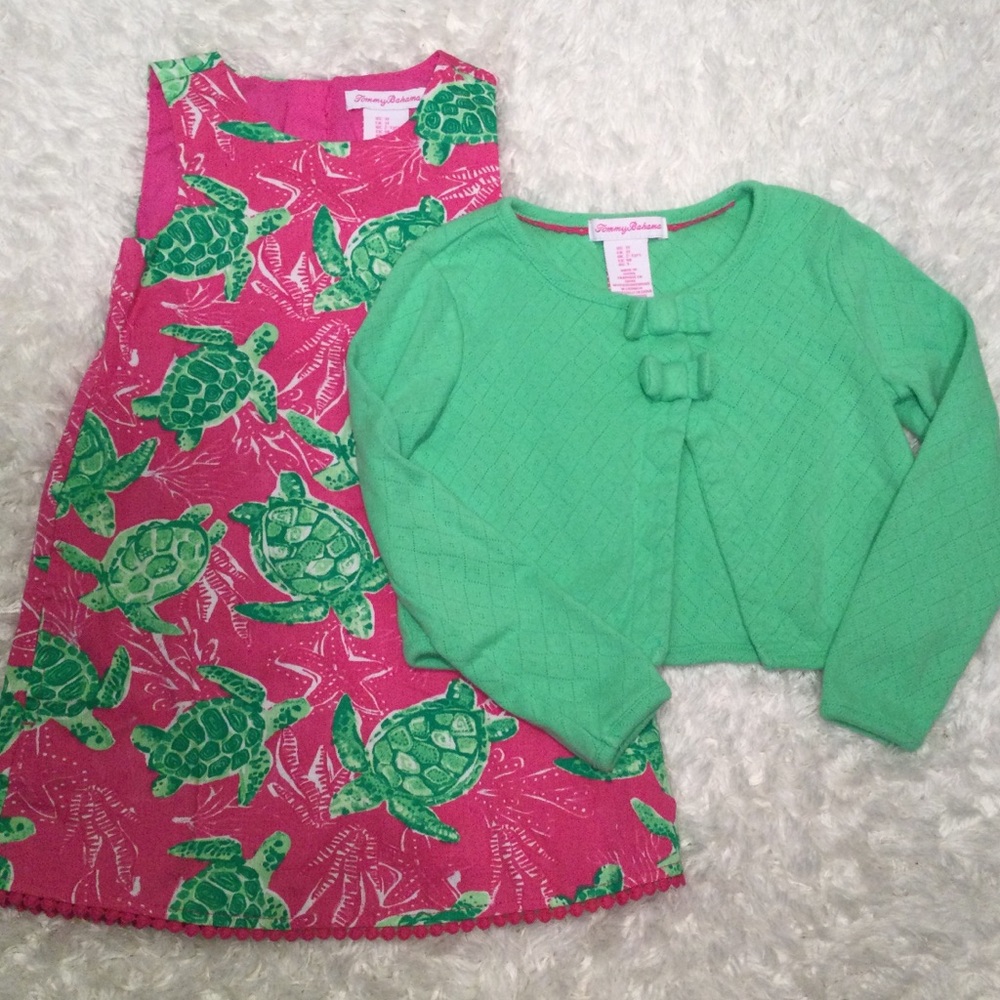 Tommy Bahama Girls Green Cardigan With Sleeveless Turtle Print Dress Size 3T